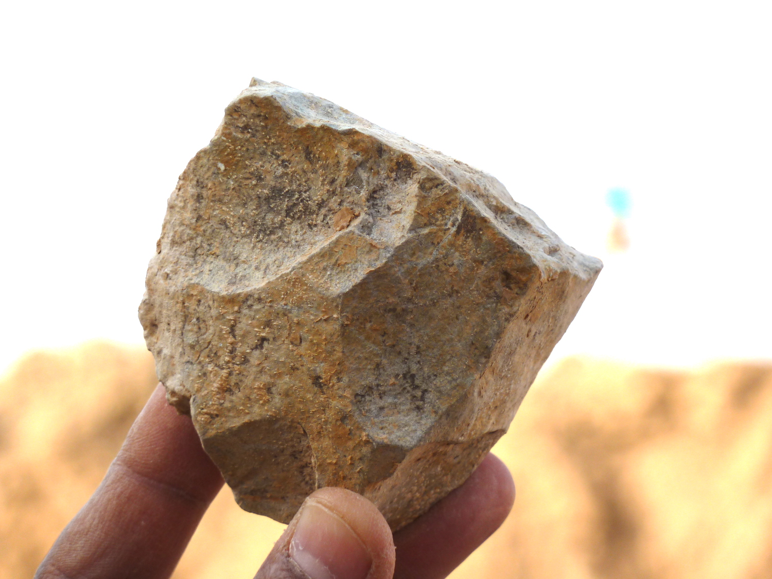 An Oldowan core freshly excavated at Ain Boucherit from which sharp-edged cutting flakes were removed.