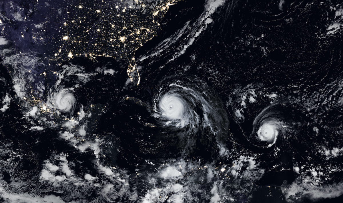 Pictured is a composite image of nightlights (human-made lights observed from space) and hurricanes Jose, Katia, and Irma.